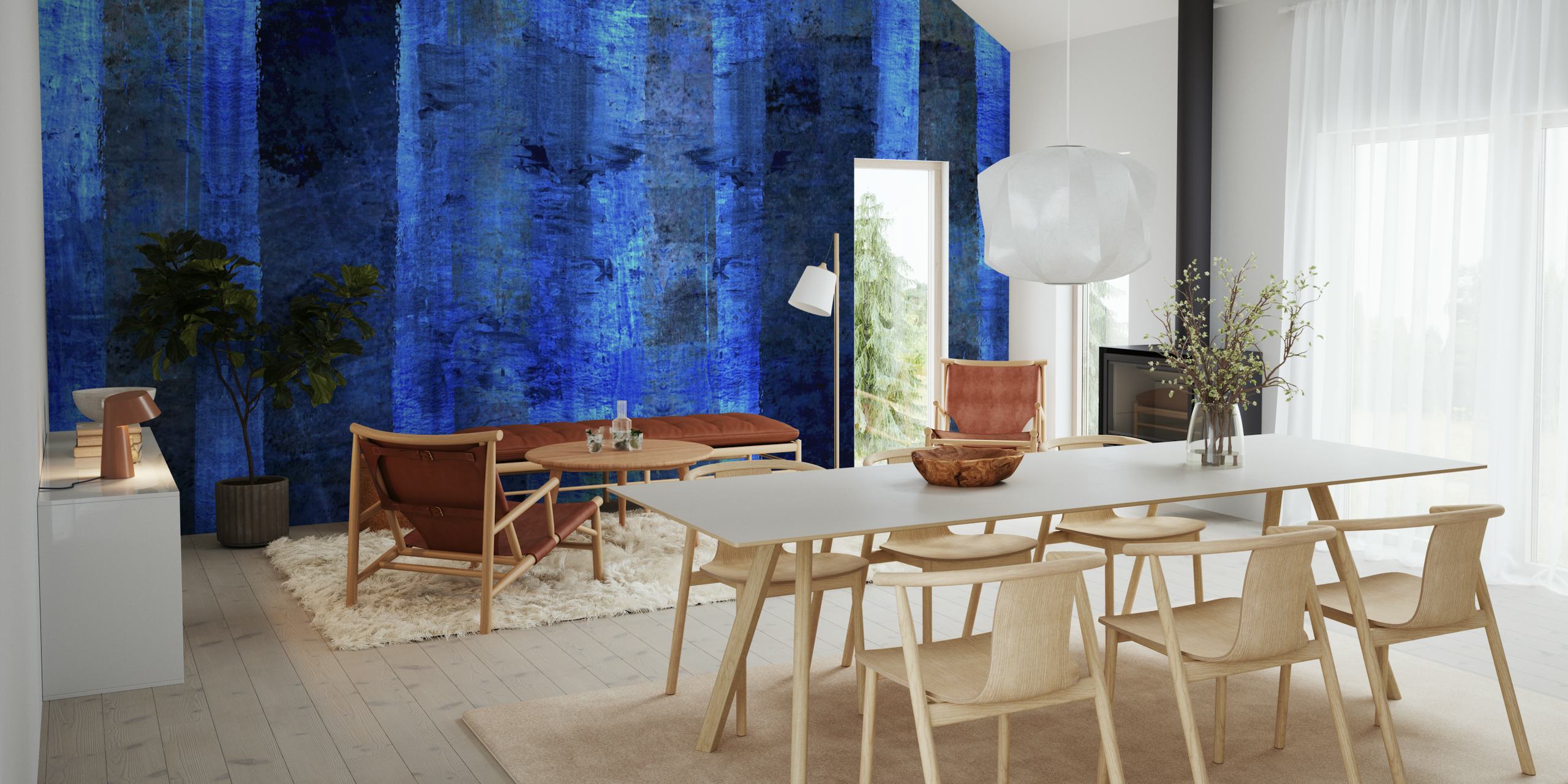 Ethereal indigo blue wall mural with abstract vertical streaks